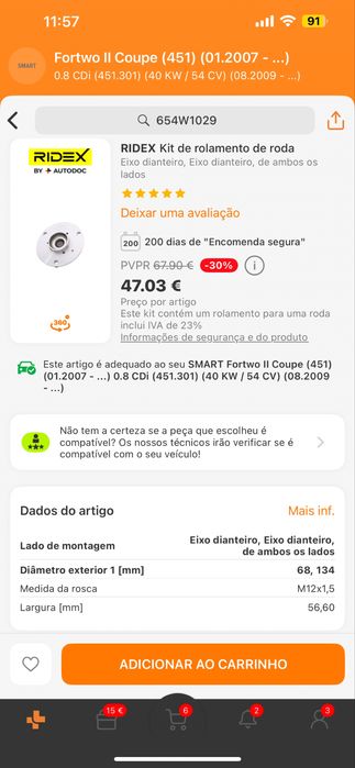 Kit de rolamento de roda Smart fortwo 451
