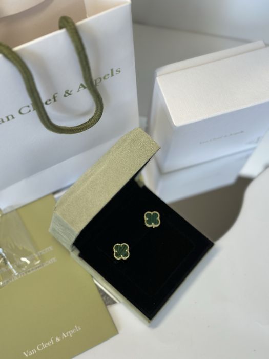 Нові срібні сережки Van Cleef Ван кліф в лимонній позолоті з малахітом