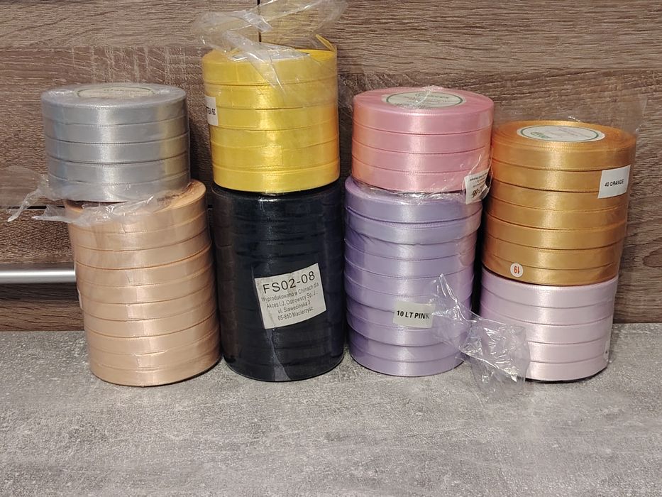Zestaw 57 nowych wstążek satynowych 12mm x 36y można zamówić pojedyńczo 2,50 zl za sztukę