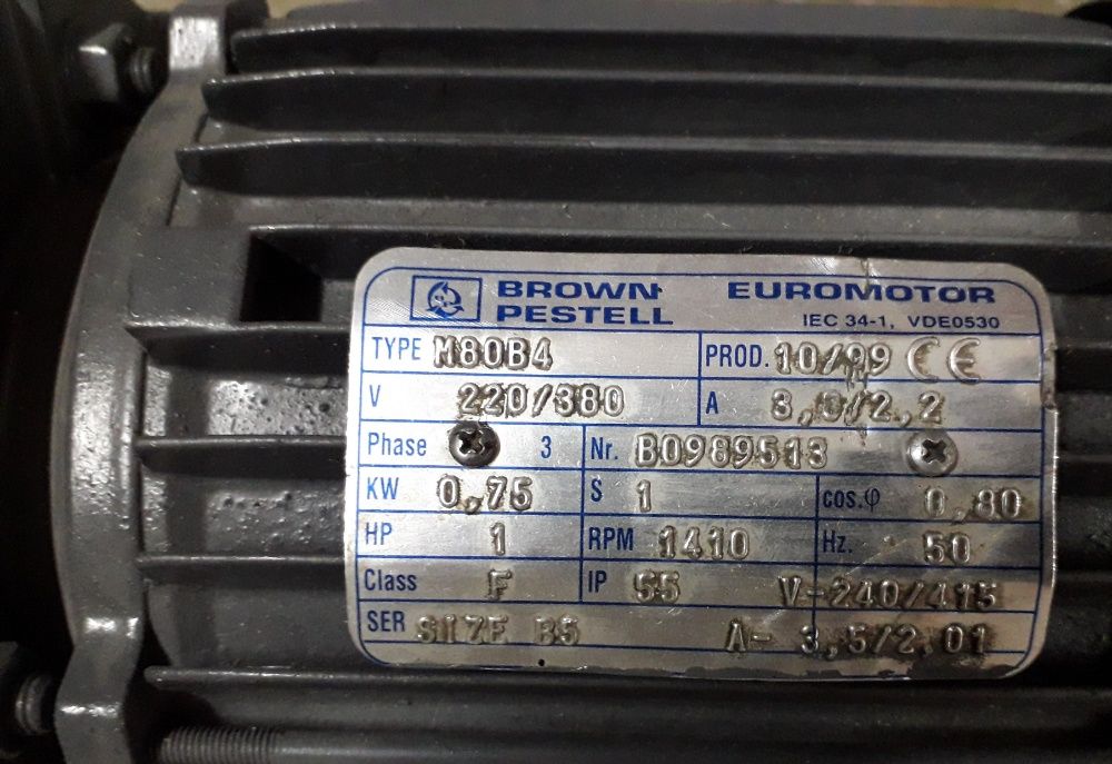 Motor Brown Pestell 220/380 V - 0,75kw – 3,3/2,2 Amp - 1410 RPM