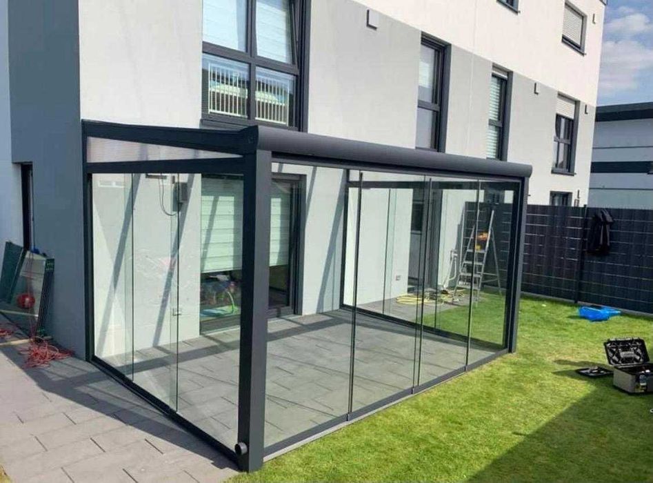 Pergola na taras. Dach poliwęglan, ściany ze szkła, oświet. LED 3x3 m