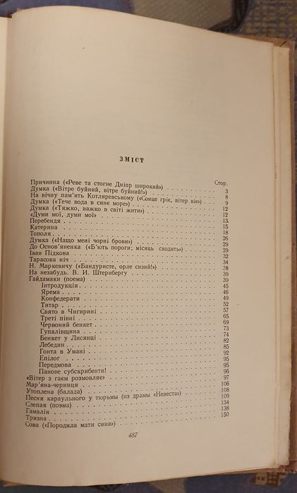 Тарас Шевченко Кобзар. 1954р. Алфавітний показчик творів.