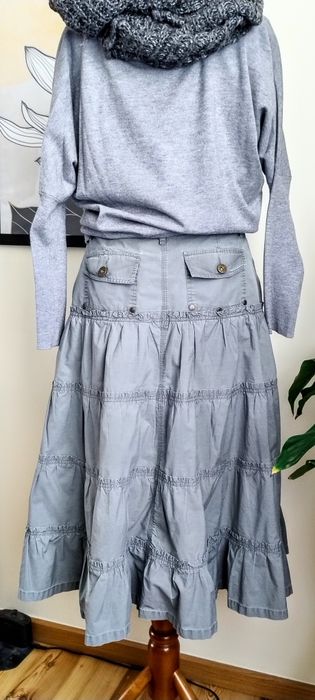 Szara, bawełniana spódnica maxi, falbanki, bawełna