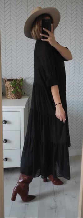 Zara czarna dluga szyfonowa sukienka w stylu boho oversize M/L