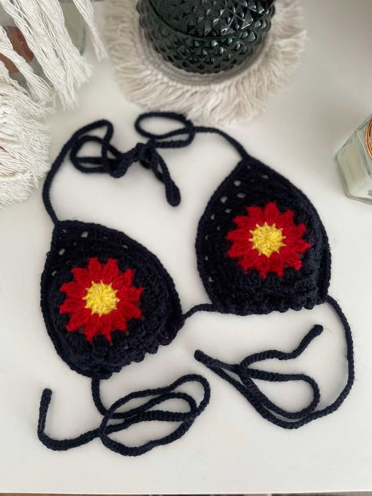 Bikini crop top góra od stroju kąpielowego kwiat szydełko boho S 36 M