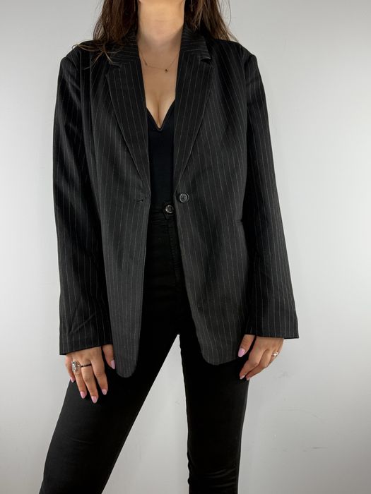 Czarna marynarka żakiet blazer w prążek wiskozowa Rainbow 40 L