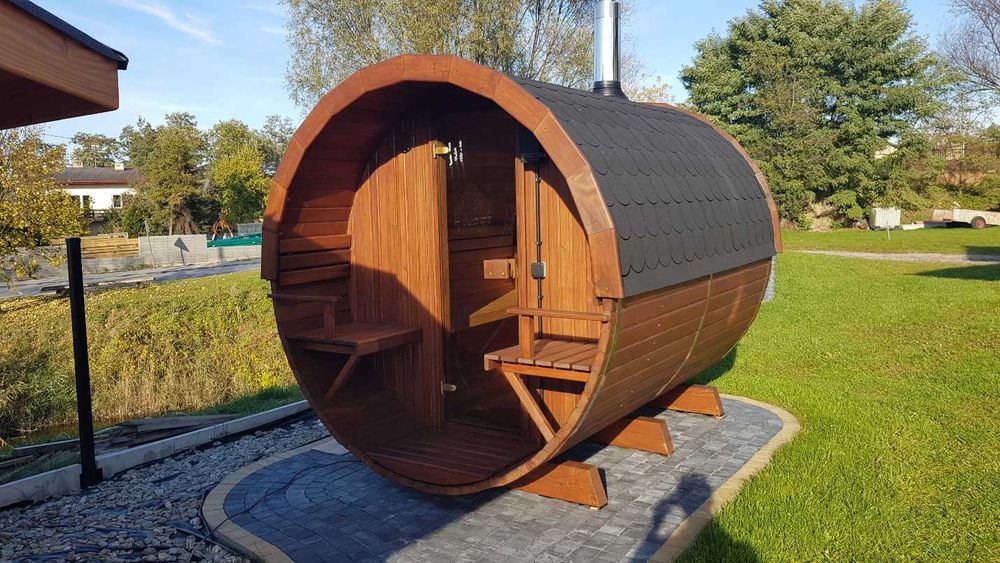 Sauna ogrodowa drewniana z tarasem beczka piec drewno 2,5m szyba 50%