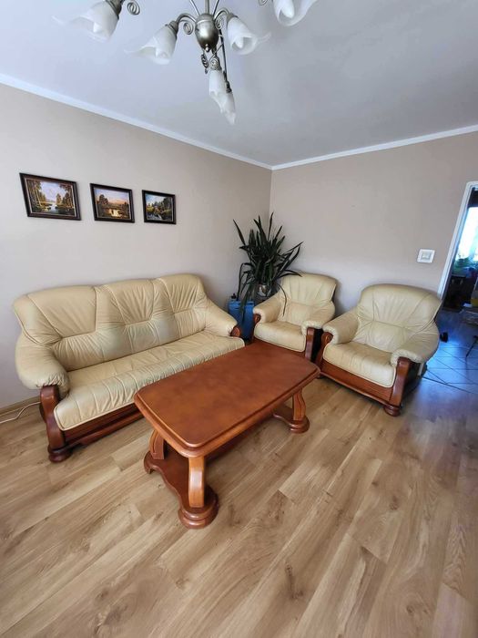 SWALEN Ekskluzywny duży komplet skórzany mebli z drewna