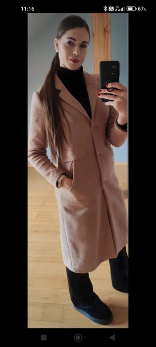 Karmelowy kamelowy beżowy długi płaszcz Reserved rozmiar 36