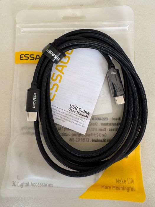ESSAGER Display. Kabel Usb-C do Usb-C, 2 metry. 100 W fast charging