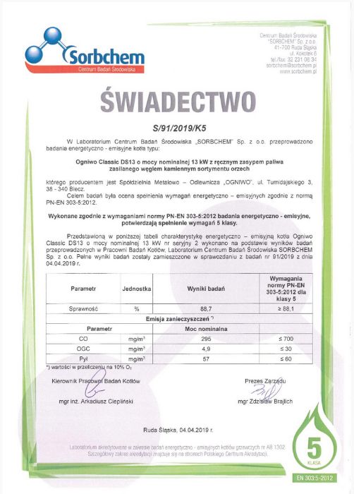 Kocioł, piec OGNIWO Classic DS 13 kW - zasypowy / tradycyjny - EKO