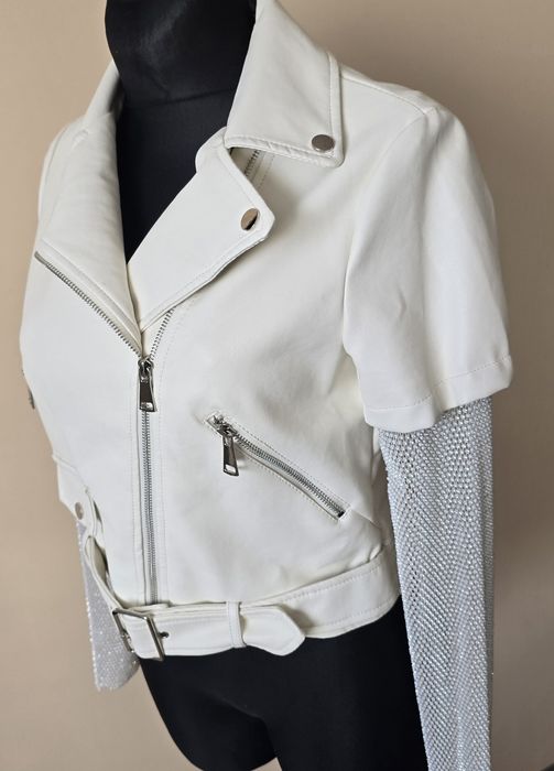 Damska kurtka ramoneska eko skóra ecru  siateczkowe rękawy S/M