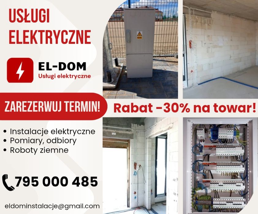 Elektryk, towar-30%, usługi elektryczne, instalacje, pomiary