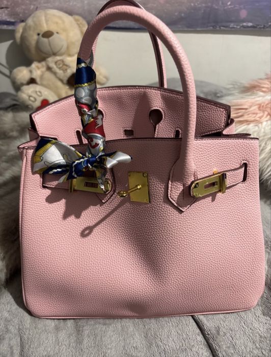 Жіноча сумка рожева в стилі Birkin з хусткою та ремінцем