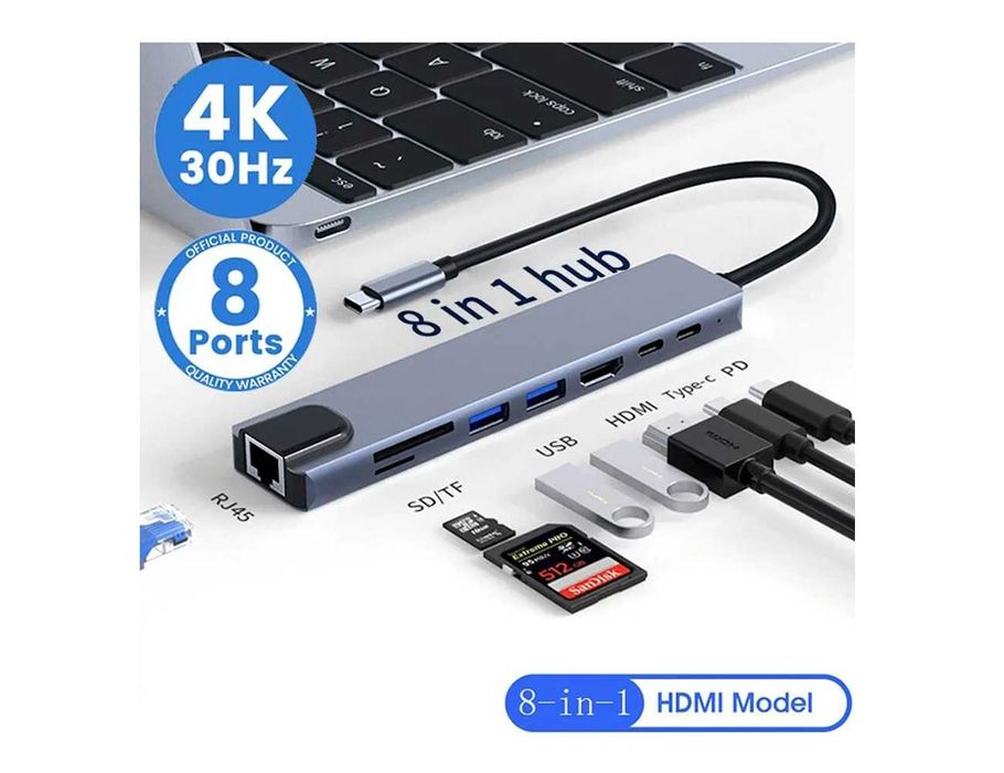 USB HUB 8in1 док-станція зі швидкою зарядкою Ethernet та HDMI хаб