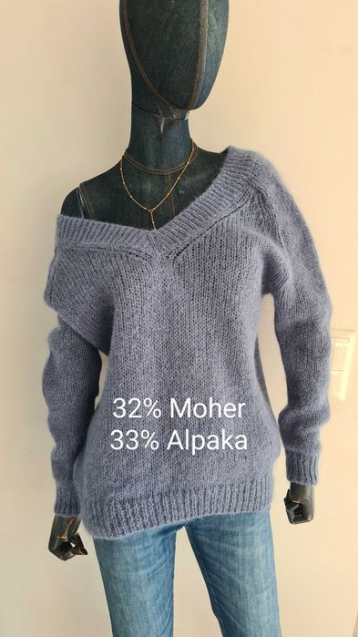 Sweter 33% Alpaka, 32% Moher. Melanżowy niebieski. Rozmiar XS S M.