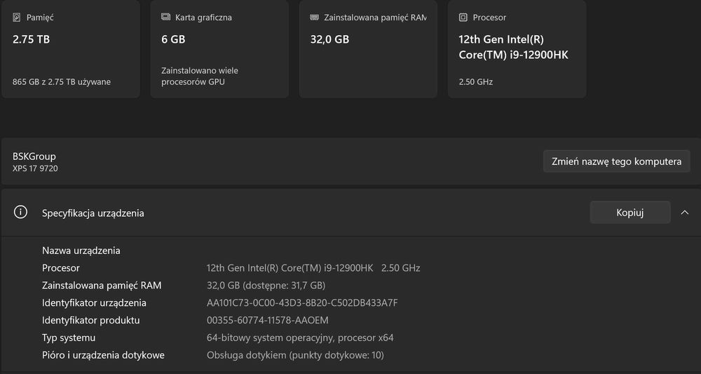 Dell XPS 17 9720 i9-12900HK 32GB RAM 3TB SSD RTX3060 4K UHD+ Dotyk, Nowa Bateria