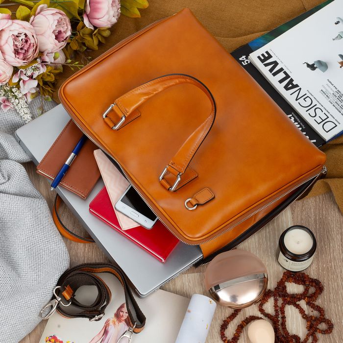 VERA PELLE torebka skórzana teczka A4 torba na laptopa V410 camel