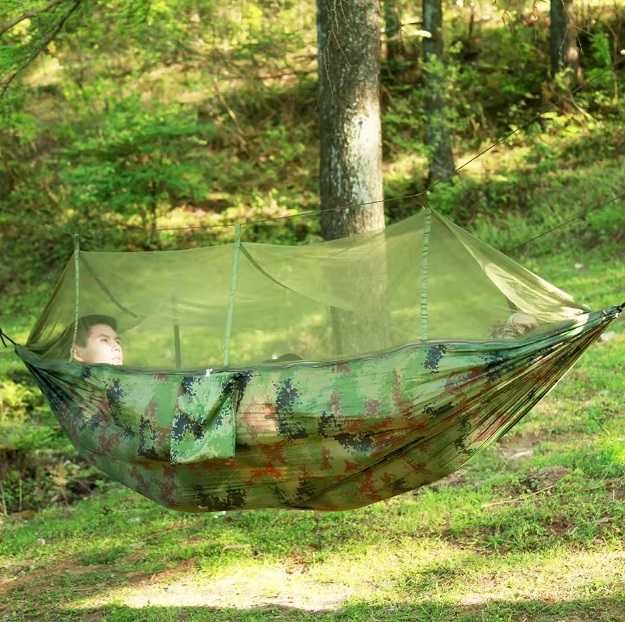 Гамак туристичний з москітною сіткою 2в1 камуфляжний + стропи, карабіни, чохол