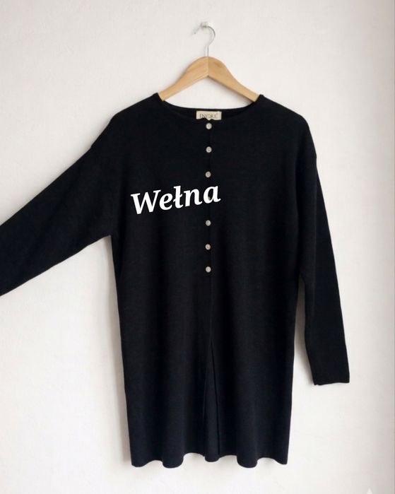 Sweter damski wełniany dłuższy kardigan 100% naturalny skład guziki