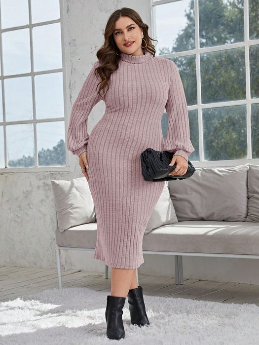 Sukienka Dzianinowa Prążkowana Z Golfem Ołówkowa Dusty Pink Shein Xxl