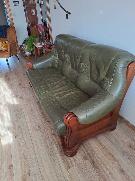Sofa kanapa 3 osobowa skóra + dąb