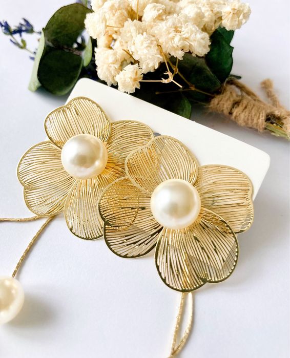 Kolczyki Damskie kwiatki perełki dłuższe eleganckie 2 w1