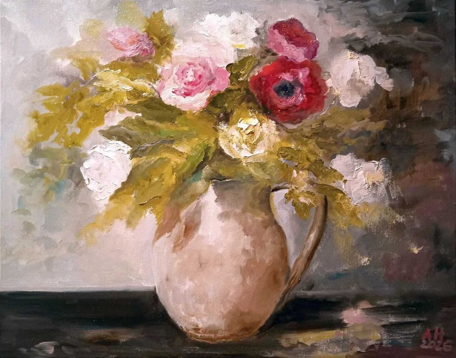 Obraz olejny "Róże w dzbanie"