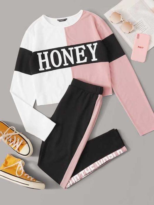 Komplet Sportowy Damski SHEIN XS 34 S 36 Nowy Crop Top Bluzka Honey Legginsy Wysoki Stan Getry Różowy Biały Czarny Set Run The World Y2K