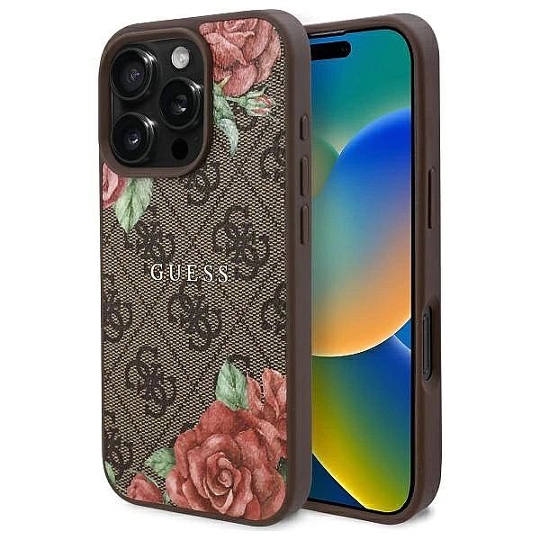 Etui Guess 4G Flowers Print MagSafe na iPhone 16 Pro 6.3" - brązowe