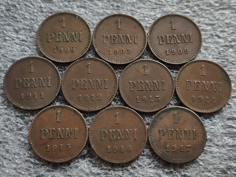 1 пенні 1906-1917 рр без повторів. Мідь. 10 шт. Продаж одним лотом!