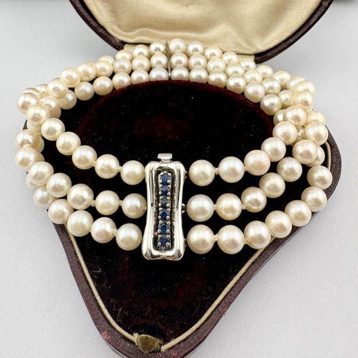 Retro bransoletka perły akoya 3-rzędowa złoto 14 k szafiry 20.5 cm