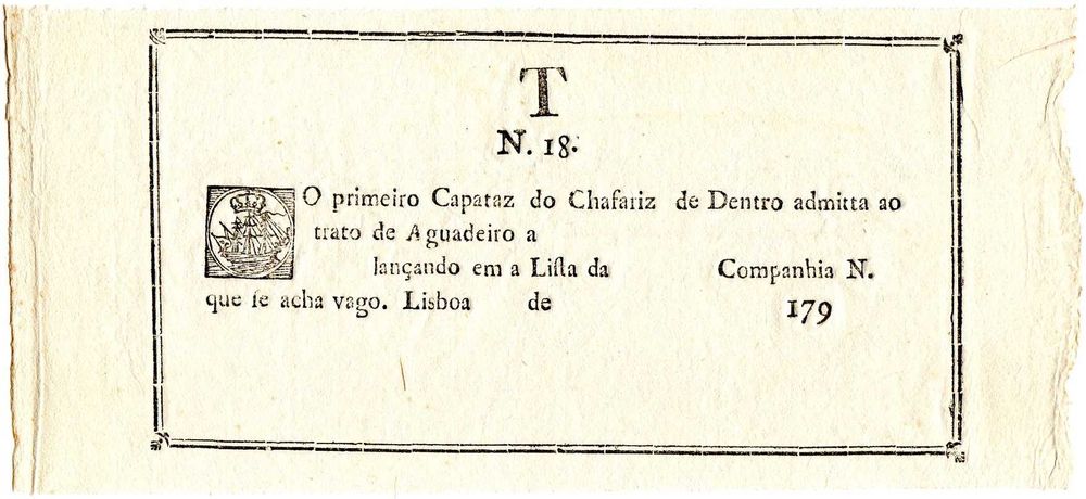 RARO Recibo de Autorização para AGUADEIRO Chafariz de Dentro em Alfama