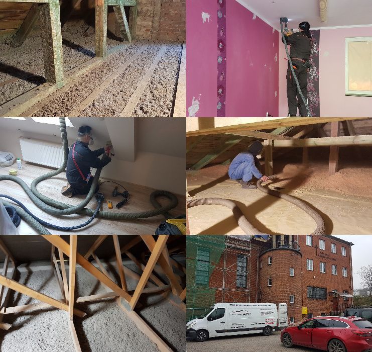 Ocieplenie poddasza, wdmuchiwanie celulozy i wełny Izolacje natryskowe
