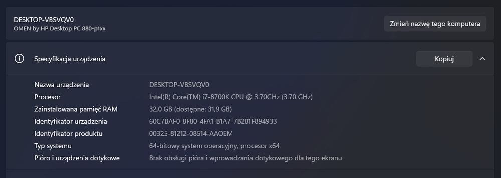 Komputer gamingowy HP OMEN 32L - I7-8700k - 32GB RAM DDR4 - GTX 1060