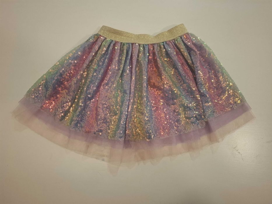 Spódniczka tutu z cekinami, tęczowa, pas 19 cm, długość 30 cm.