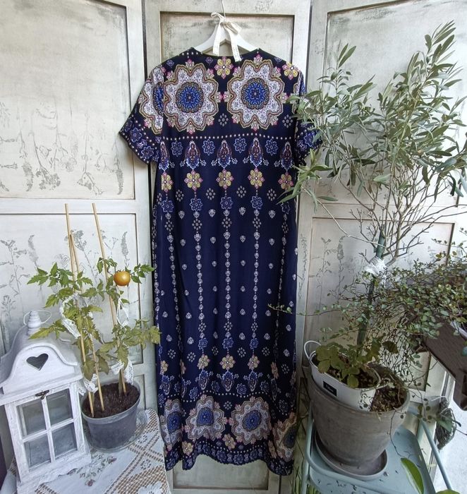 L biust 52x2 długa boho folk z haftem sukienka paisley hippie
