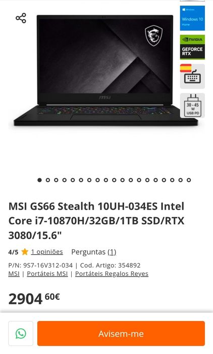 GAMING MSI GS66 Stealth RTX 3080, i7 32GB 1TB M2. Troca/retoma