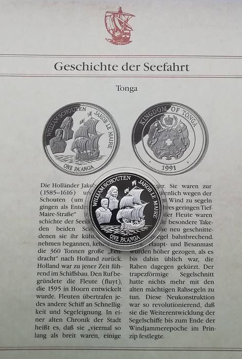 Тонга 1 паанга 1991р. СРІБЛО. ПРУФ. Сертифікат. Вільям Шутен.