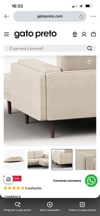 Sofá Gato Preto - Chaise Longue à direita LAWRENCE - Sand 252x160x78