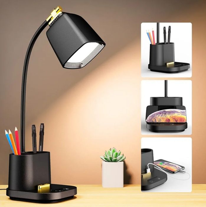 Lampka biurkowa LED dotykowa czarna port USB  3 tryby świecenia