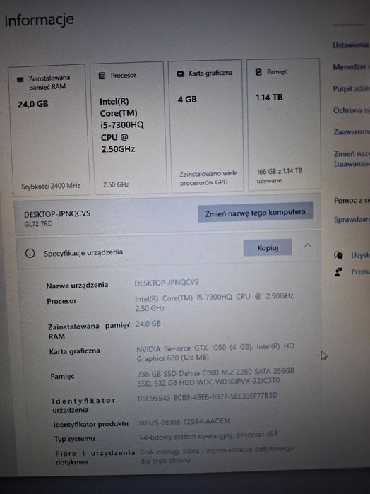 Laptop gamingowy MSI GL72 7RD