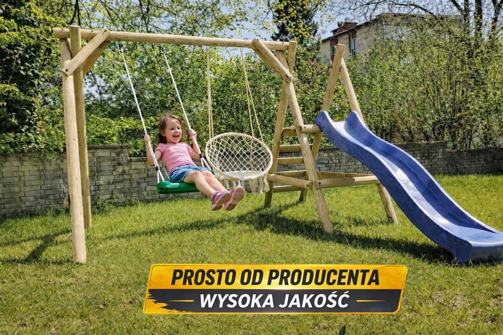 PLAC ZABAW ZOSIA Huśtawka ogrodowa z bali zjeżdzalnia solidna trwała