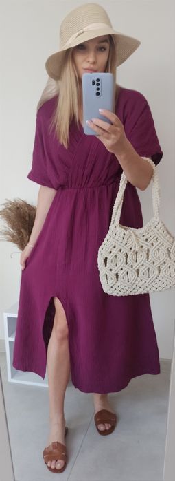 Sukienka muślinowa bawełna śliwkowa uni kopertowa midi