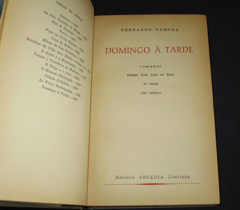 Livro Domingo à Tarde Fernando Namora Arcádia 2ª edição
