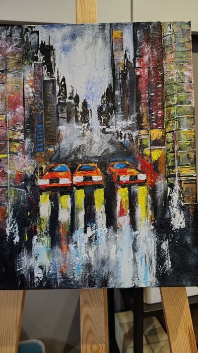 Obraz wspólczesny 30x40x4 cm. Metropolia w deszczu. Malarstwo strukturalne akrylowe na płótnie.