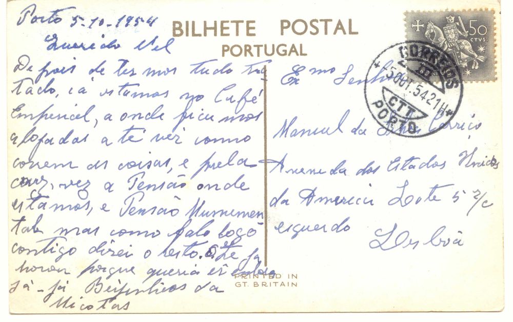Postal Praça da Liberdade e Avenida dos Aliados 1954