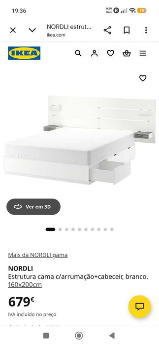 Cama de casal NORDLI IKEA 160 x 200 com 6 gavetas e cabeceiras Colchão EMMA quase novo (2026) Nordli novo 679 € Colchão novo 853 €