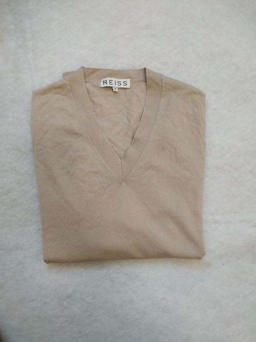 Sweter męski, Reiss beżowy  merino dekolt w serek, M, wełna