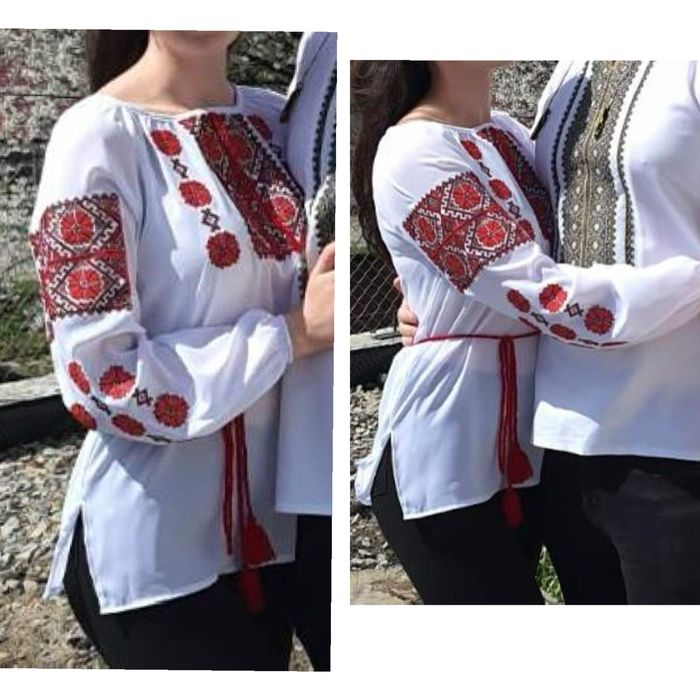 Жіноча вишиванка з поясом, червона на білому